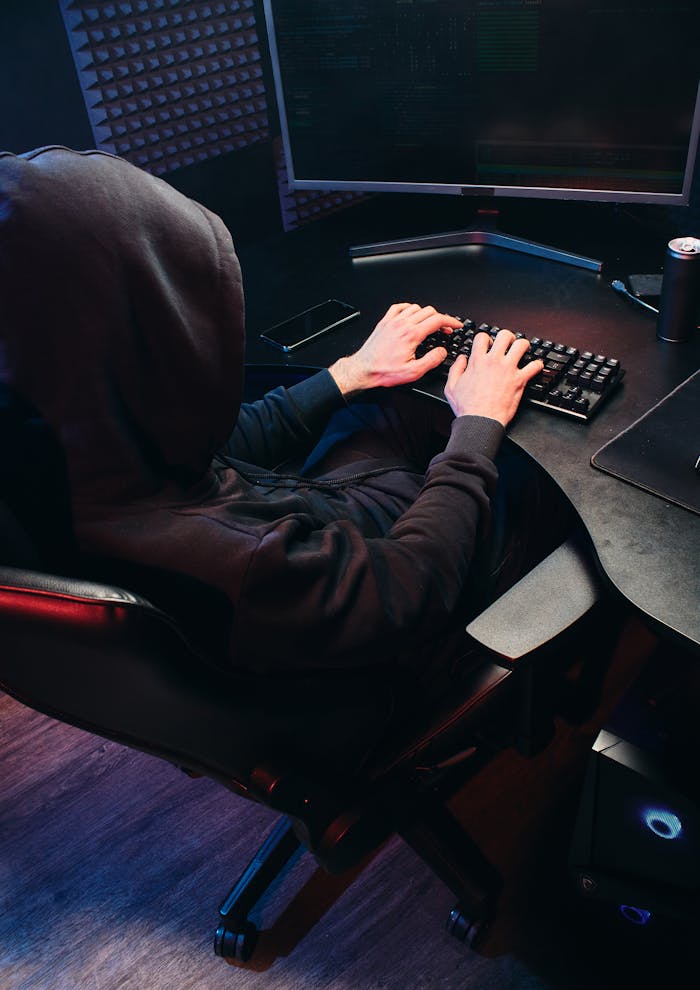 A mysterious figure in a hood typing on a keyboard, symbolizing cybersecurity threats.